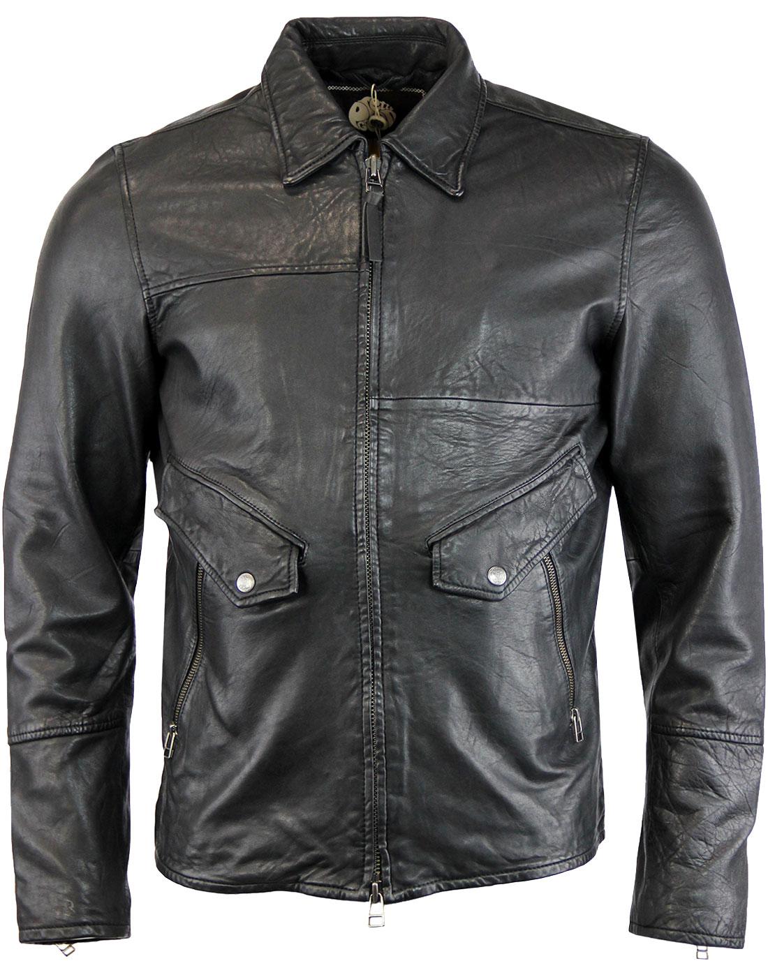 PRETTY GREEN Jennets mens Sixties Leather Jacket in Black