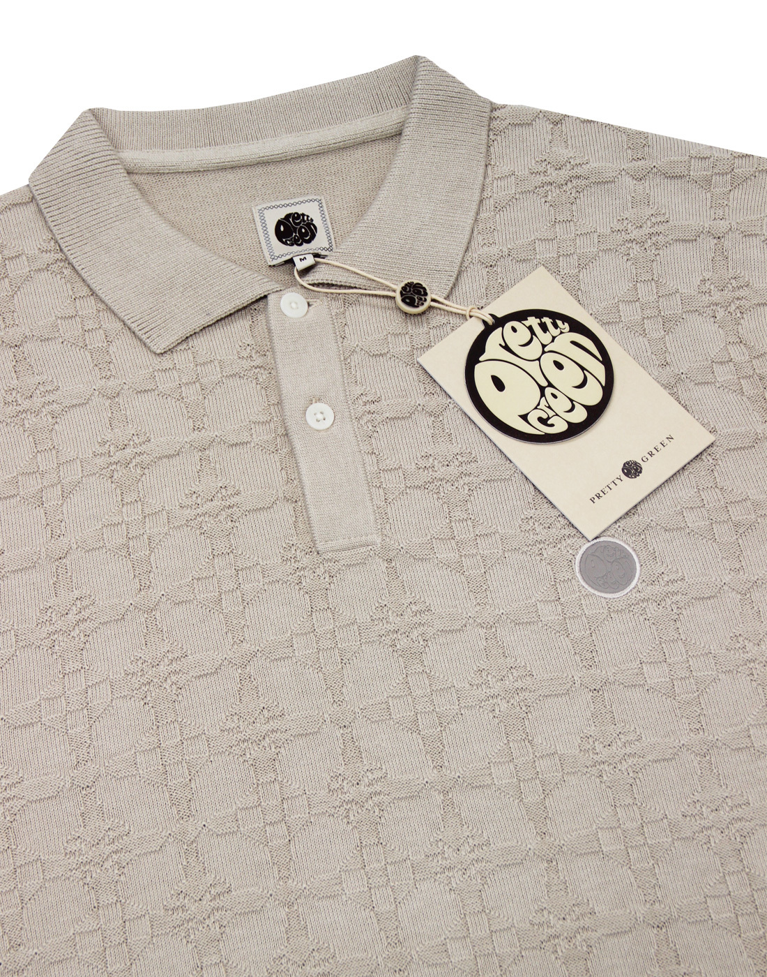 PRETTY GREEN Eton Retro 60s Mod Textured Knit Polo Shirt in Stone