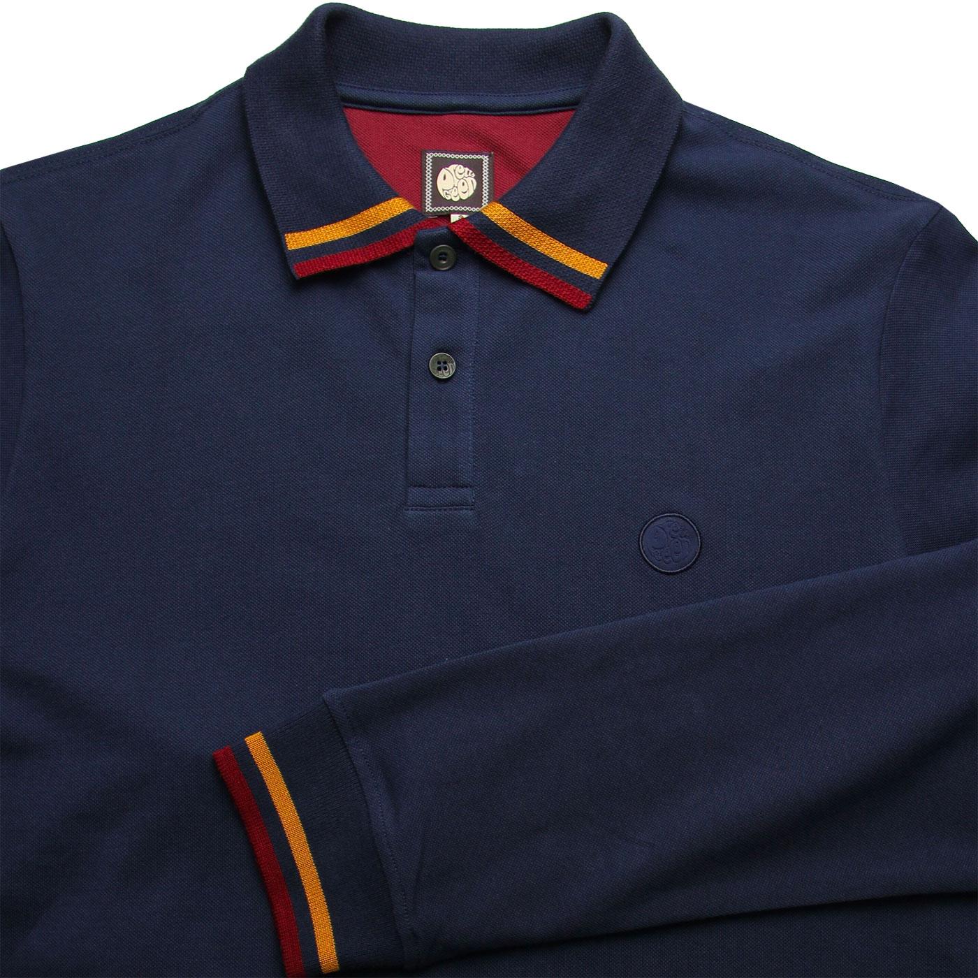 PRETTY GREEN Tipped Long Sleeve Mod Polo Shirt in Navy