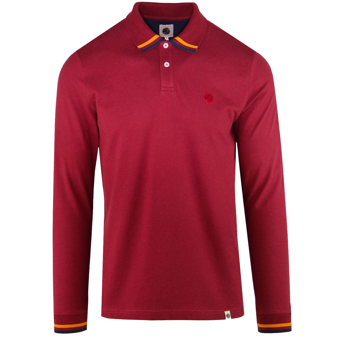 PRETTY GREEN Tipped Long Sleeve Mod Polo Shirt in Red