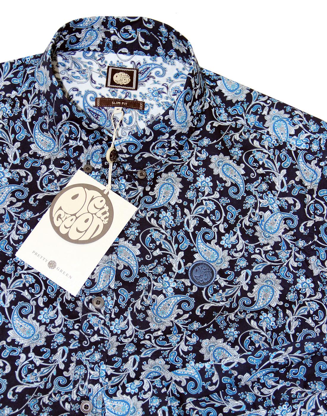 PRETTY GREEN Offshore 60s Mod Ditsy Floral Paisley Shirt in Navy