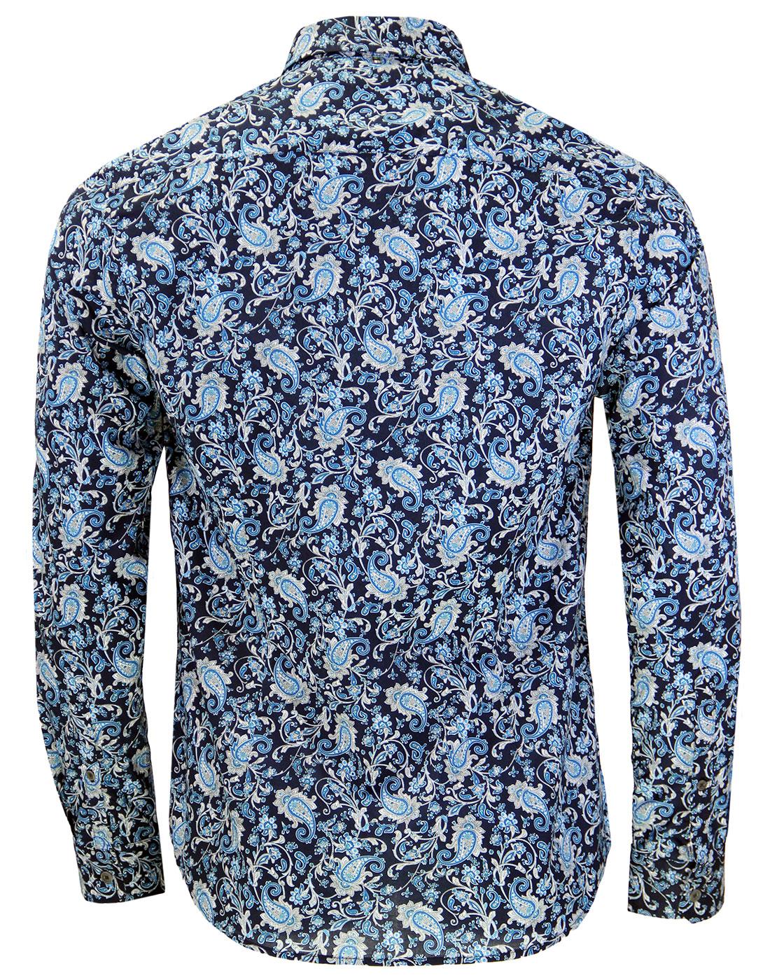 PRETTY GREEN Offshore 60s Mod Ditsy Floral Paisley Shirt in Navy