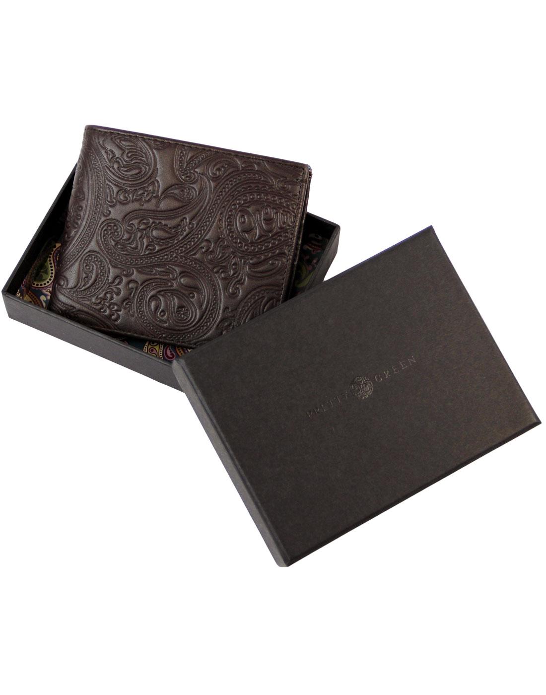 PRETTY GREEN Retro Mod Embossed Paisley Bifold Wallet Chocolate