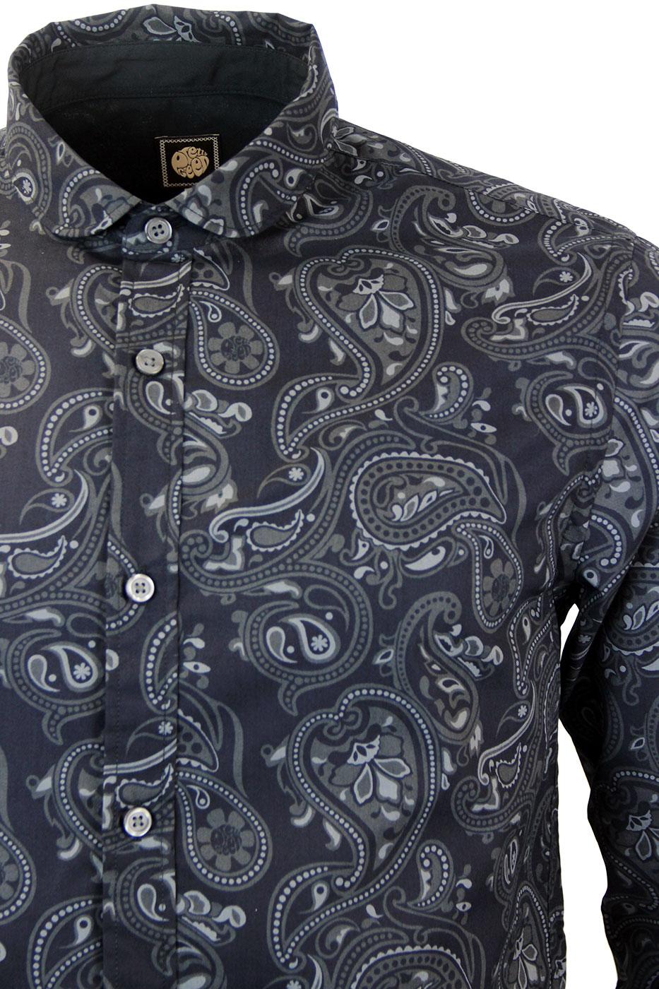 PRETTY GREEN Mod Paisley Print Penny Collar Shirt in Black