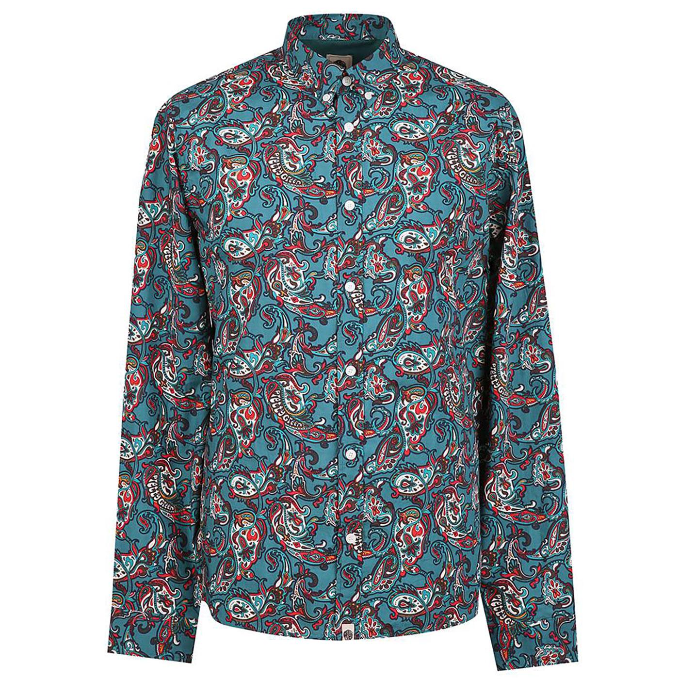 PRETTY GREEN Mens Mod 60's Signature Paisley Shirt in Teal