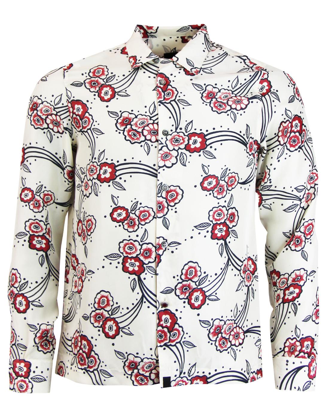 PRETTY GREEN Piper Retro 60s Mod Floyd Floral Silk Shirt in Stone