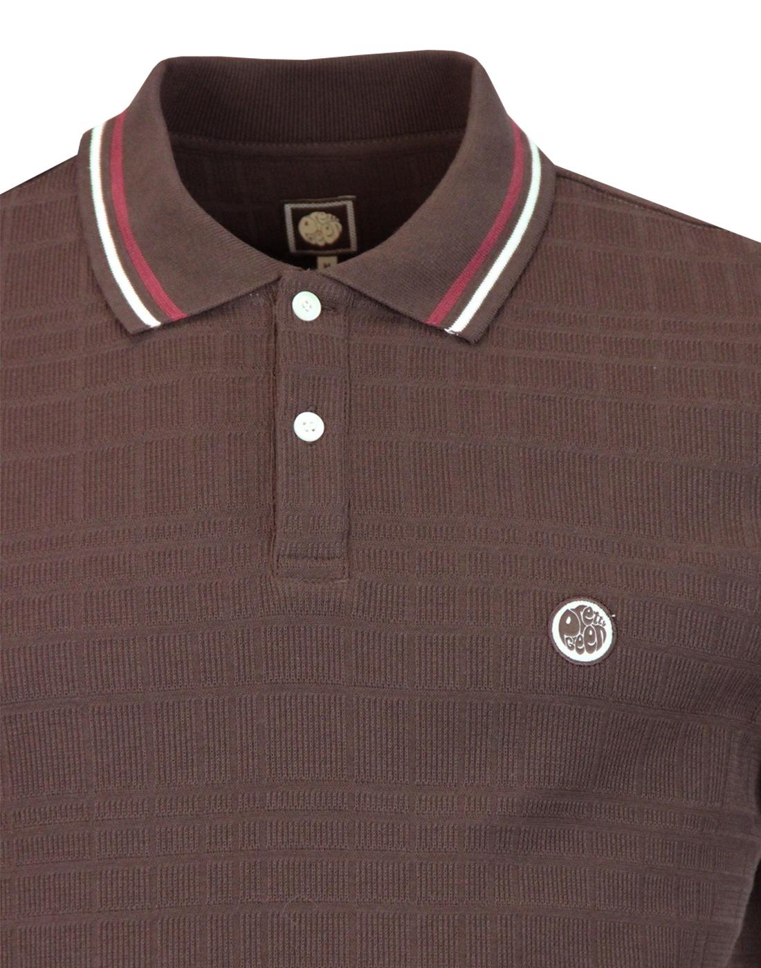 PRETTY GREEN Arlow Retro 60s Mod Ribbed Check Polo Shirt in Brown