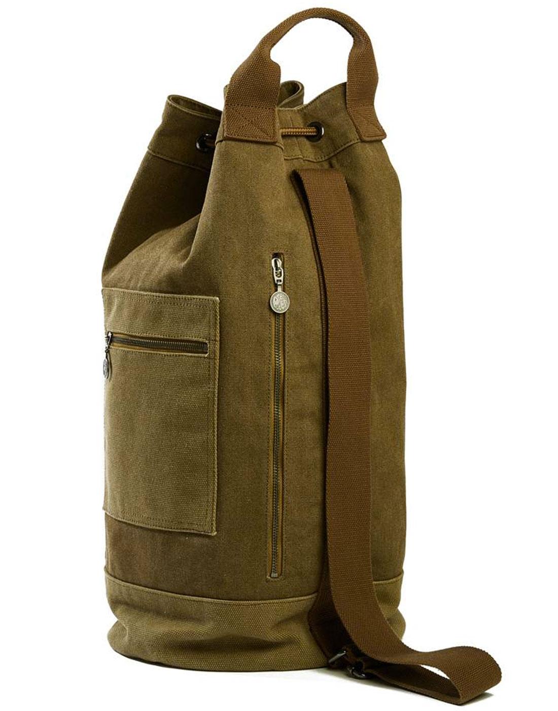 PRETTY GREEN Retro 1970s Indie Military Canvas Duffle Bag Khaki