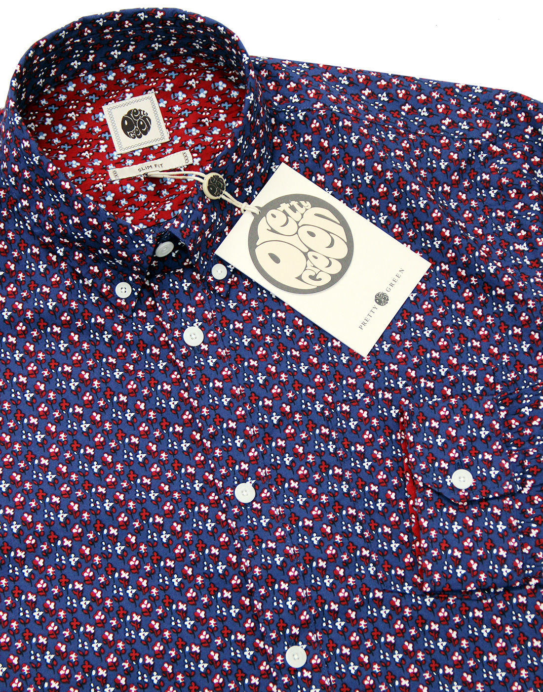 PRETTY GREEN Rindle Ditsy Floral Retro 60s Mod Shirt in Mid Blue