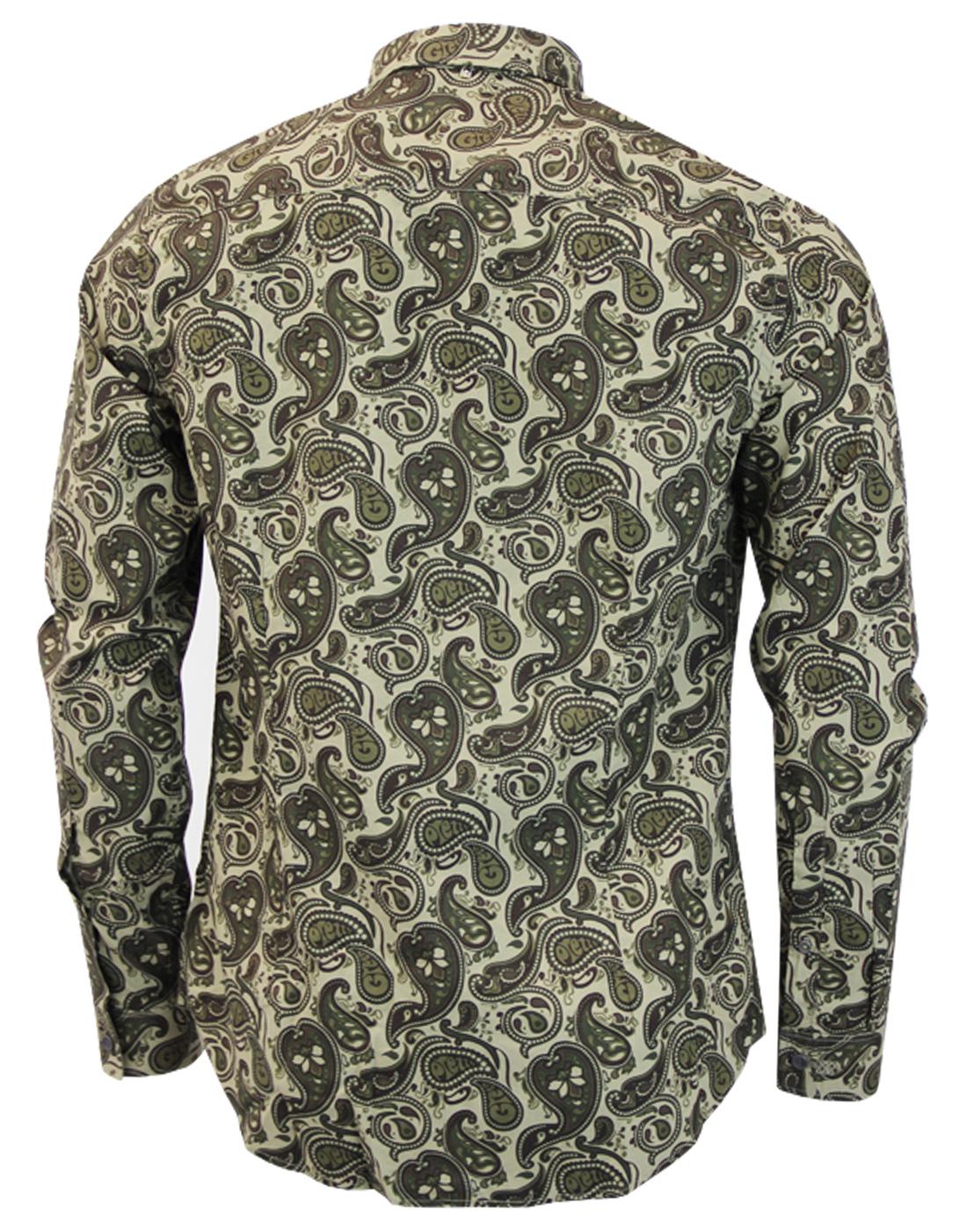 PRETTY GREEN Ryder Retro 60s Mod Signature Paisley Shirt in Khaki