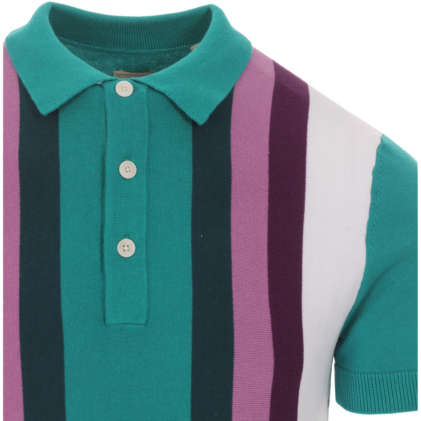 PRETTTY GREEN Retro Bold Stripe Knitted Polo Shirt in Green