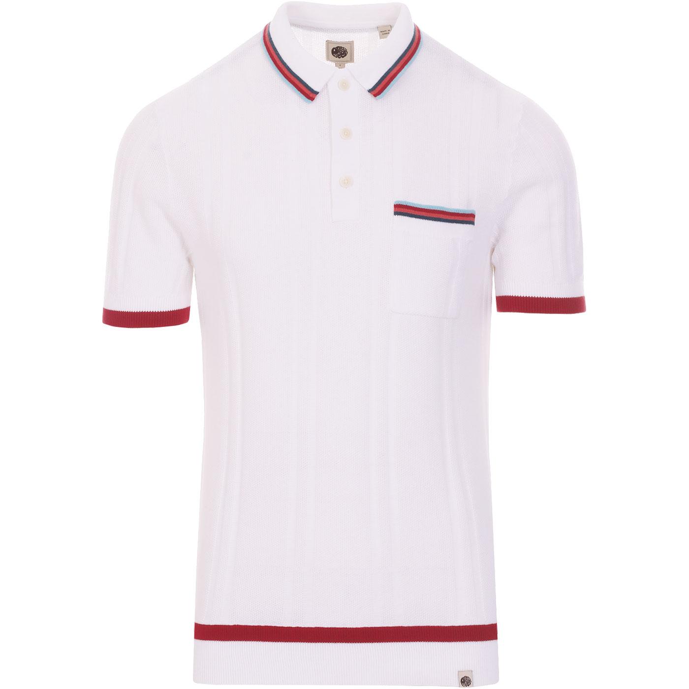 PRETTY GREEN Textured Knit Striped Pocket Polo in White