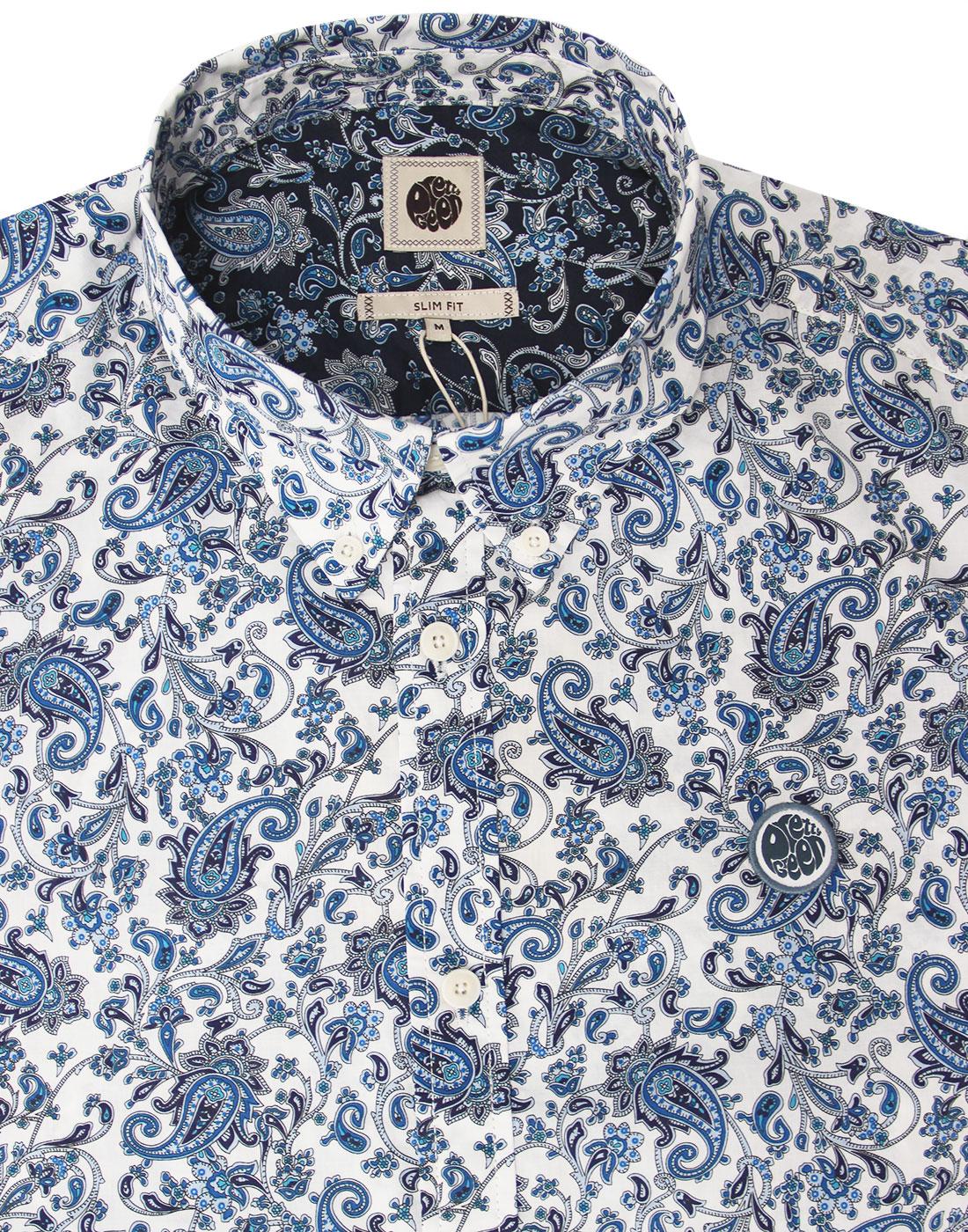 PRETTY GREEN Offshore 60s Mod Ditsy Floral Paisley Shirt in White