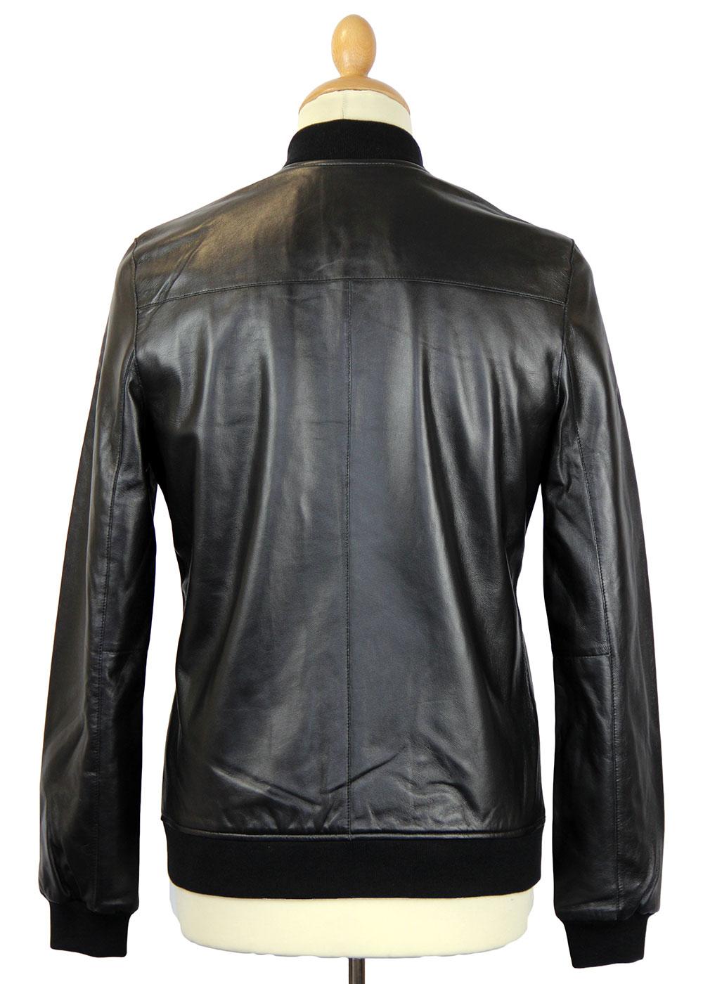 PRETTY GREEN Gaston Retro Indie Leather Bomber Jacket in Black