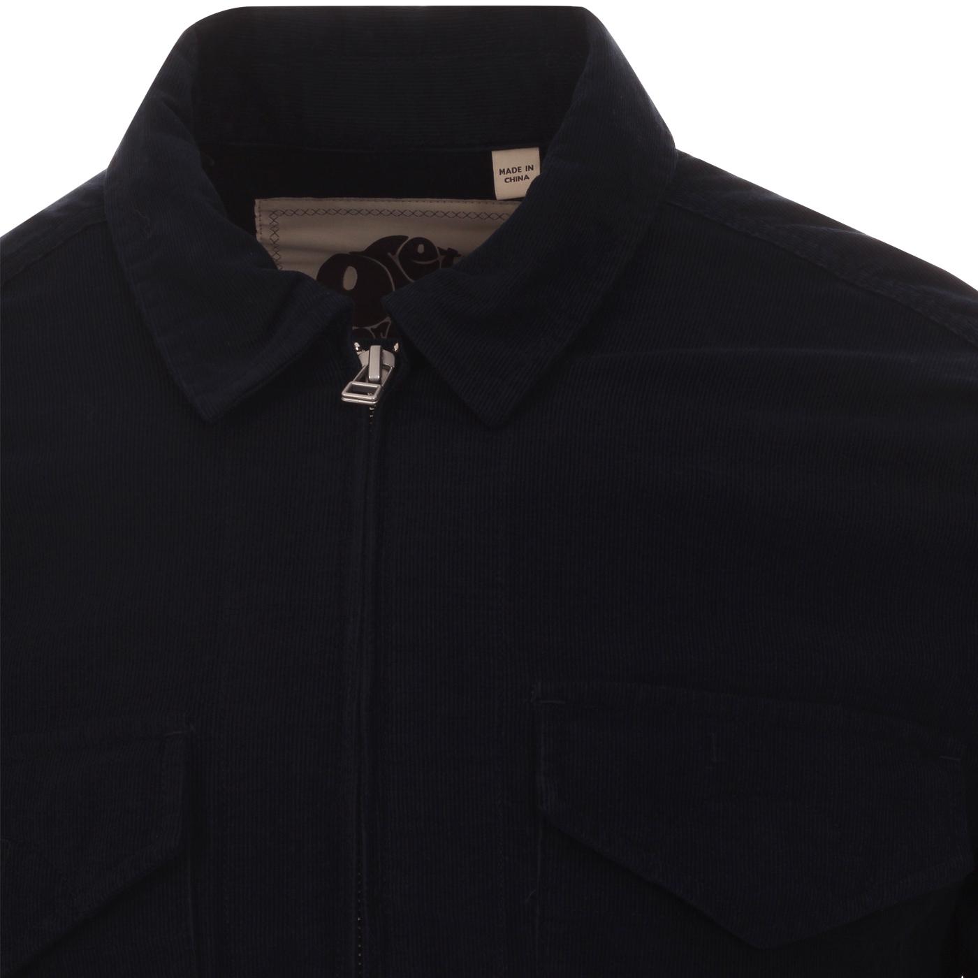 PRETTY GREEN Retro Zip Up Cord Overshirt Jacket in Navy