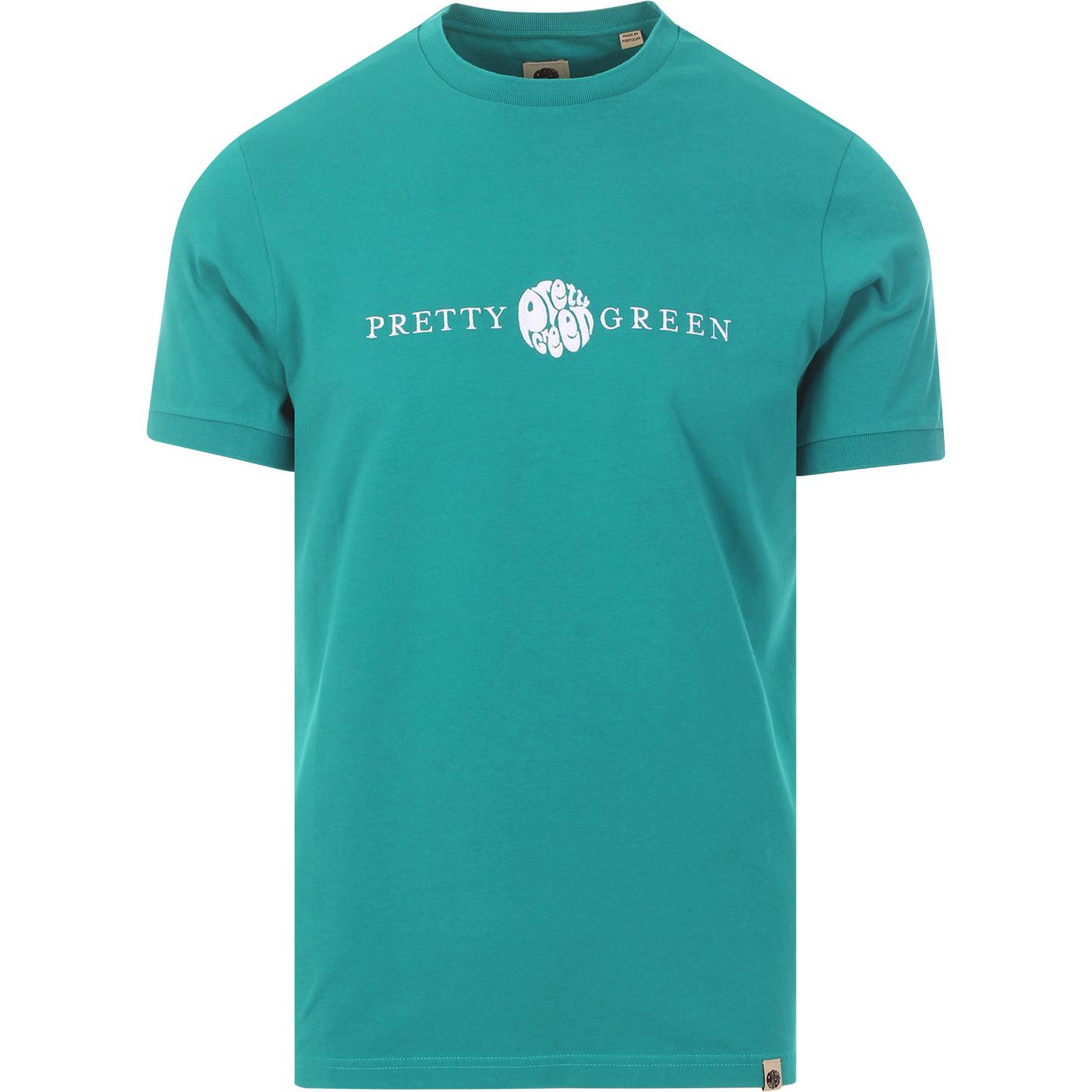 PRETTY GREEN Men's Retro Embroidered Logo Tee in Green