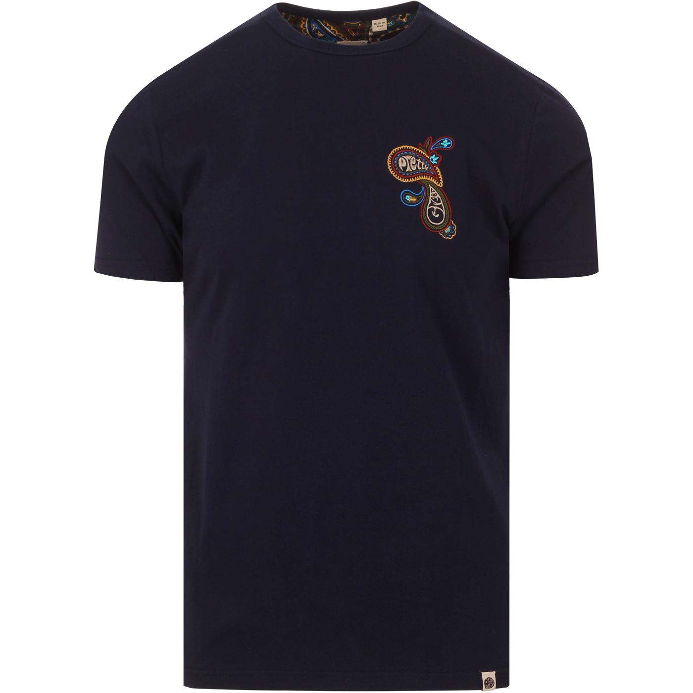PRETTY GREEN Retro 60s Paisley Embroidery T-shirt in Navy