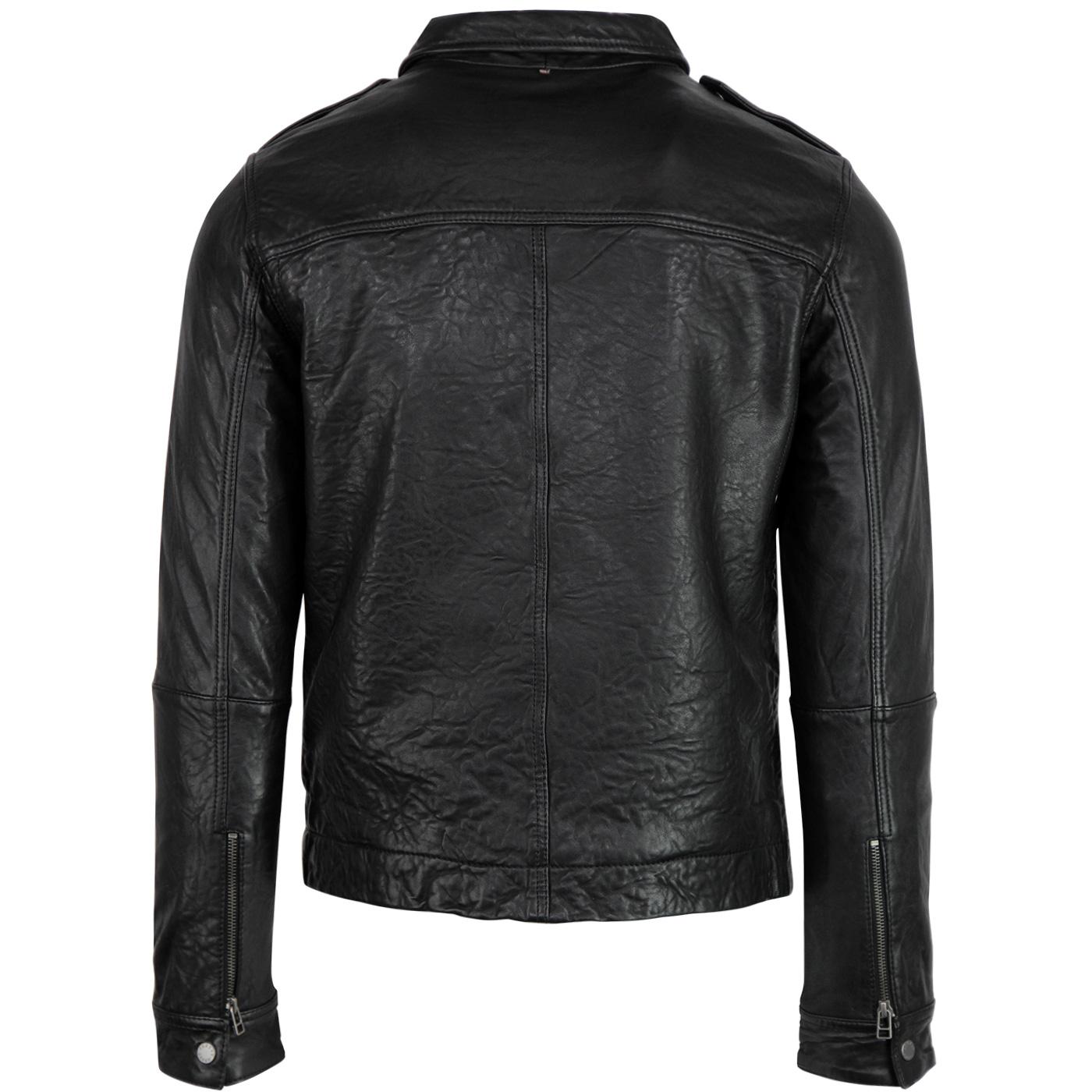 PRETTY GREEN Retro Indie Leather Biker Jacket in Black