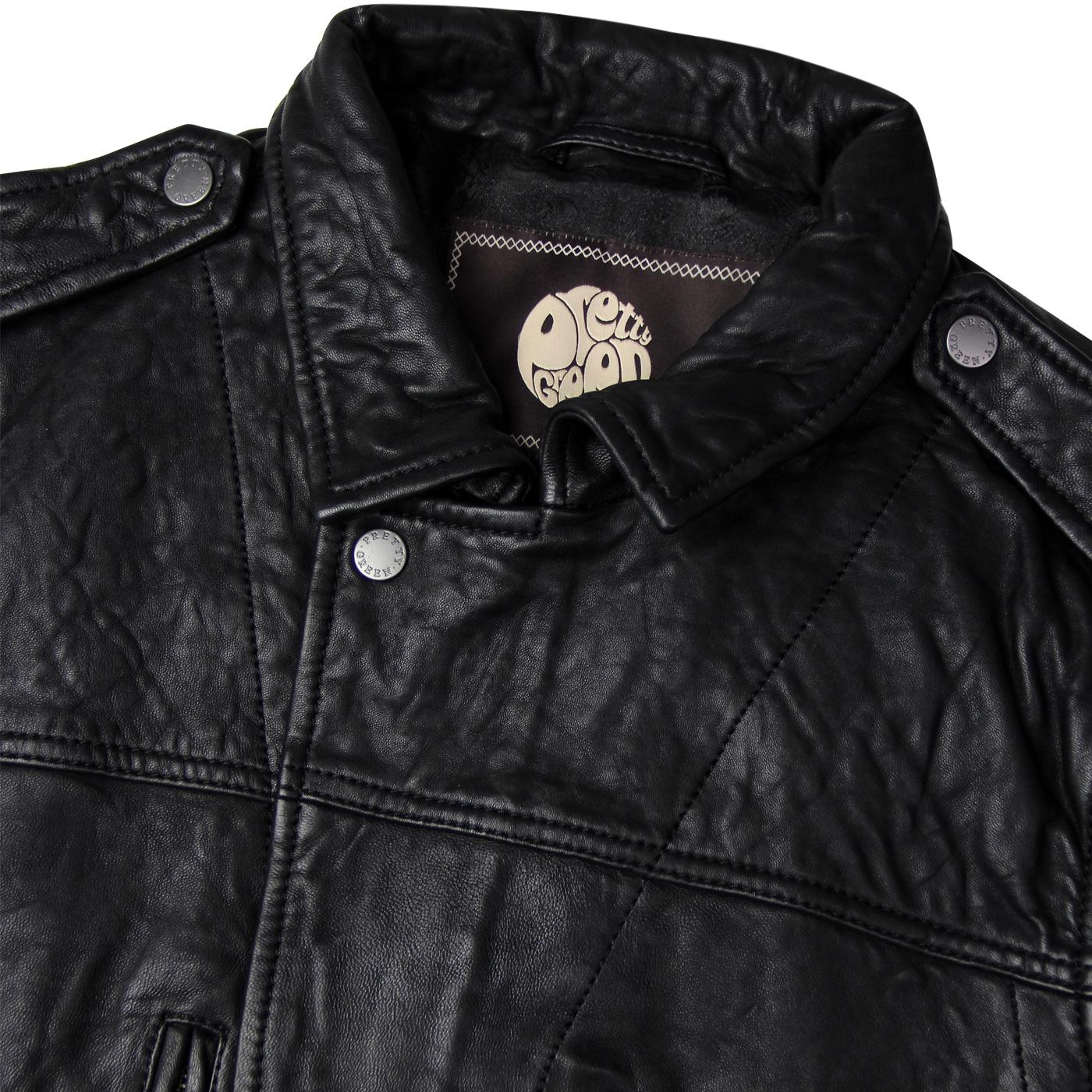 PRETTY GREEN Retro Indie Leather Biker Jacket in Black