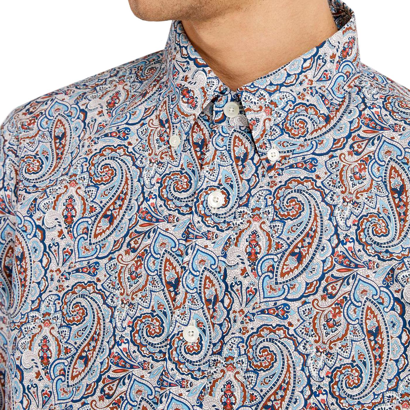 PRETTY GREEN Liberty Print 1960s Retro Paisley Shirt In Blue