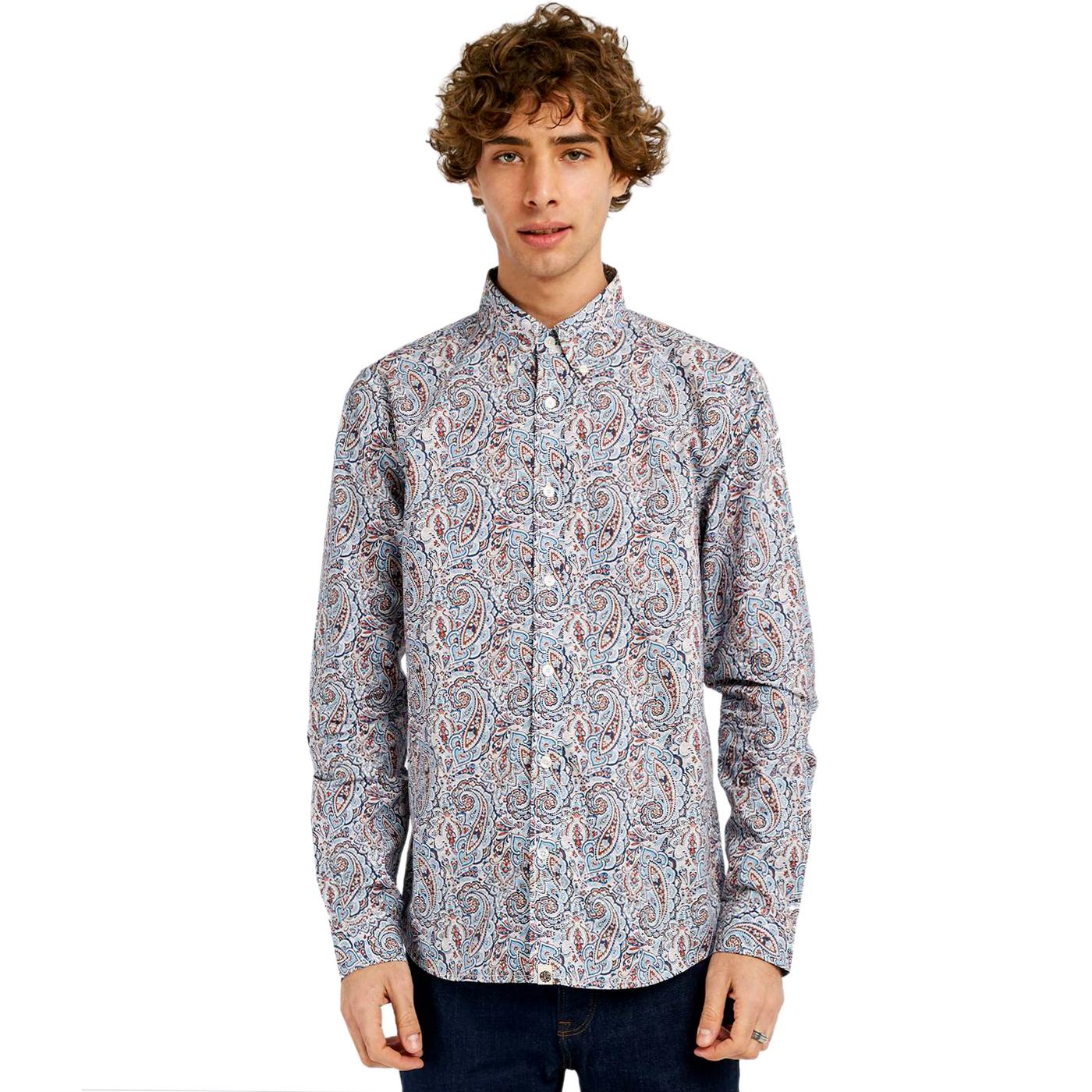 PRETTY GREEN Liberty Print 1960s Retro Paisley Shirt In Blue