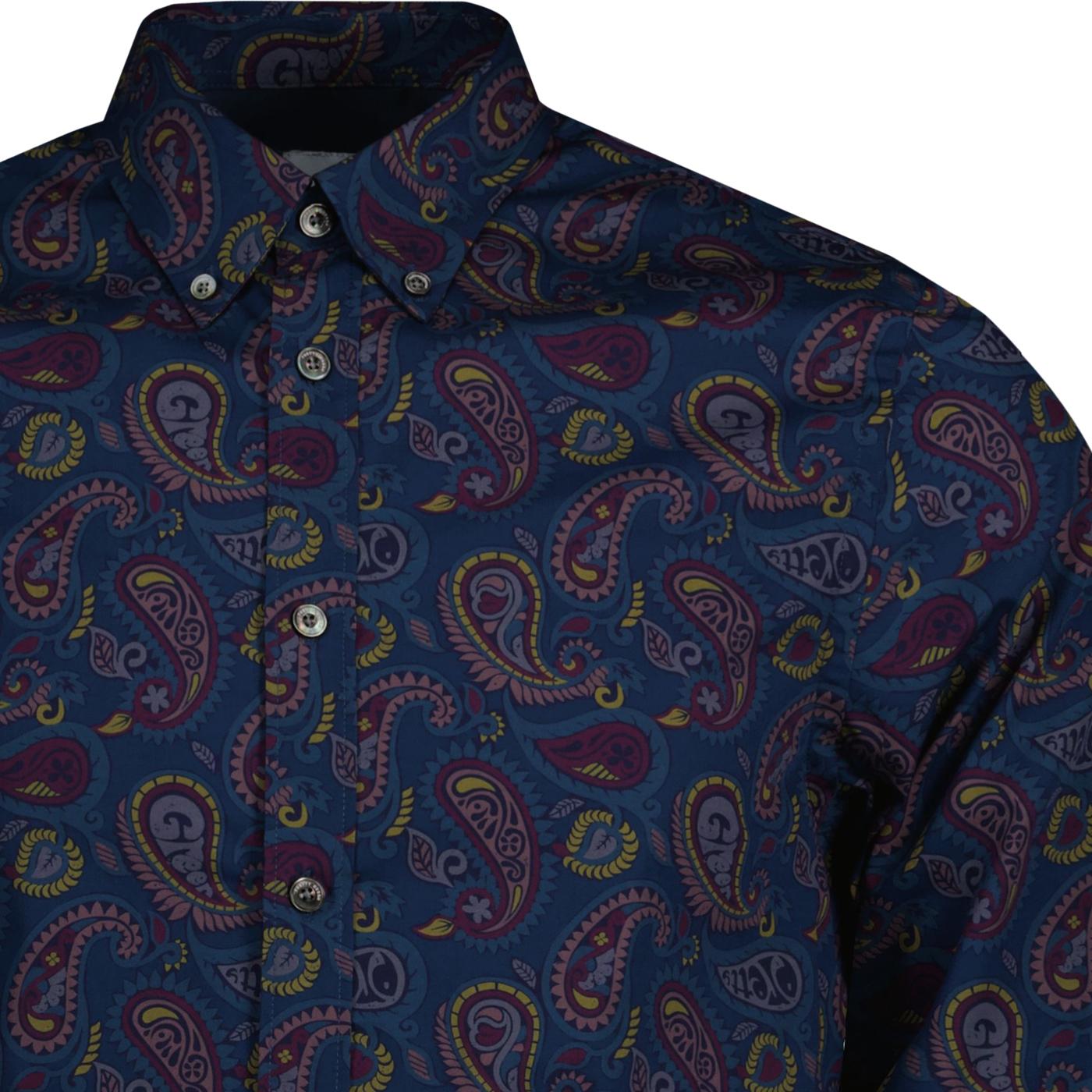 PRETTY GREEN Alloway Mod Large Paisley Print Shirt in Navy