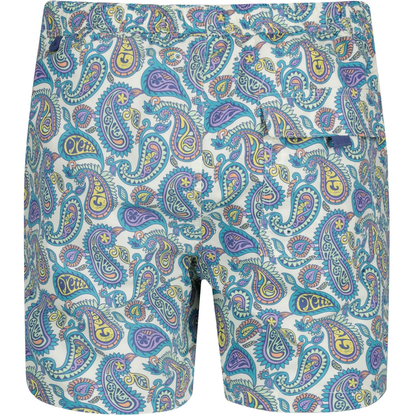 PRETTY GREEN Campbell Paisley Retro Swim Shorts in Ecru