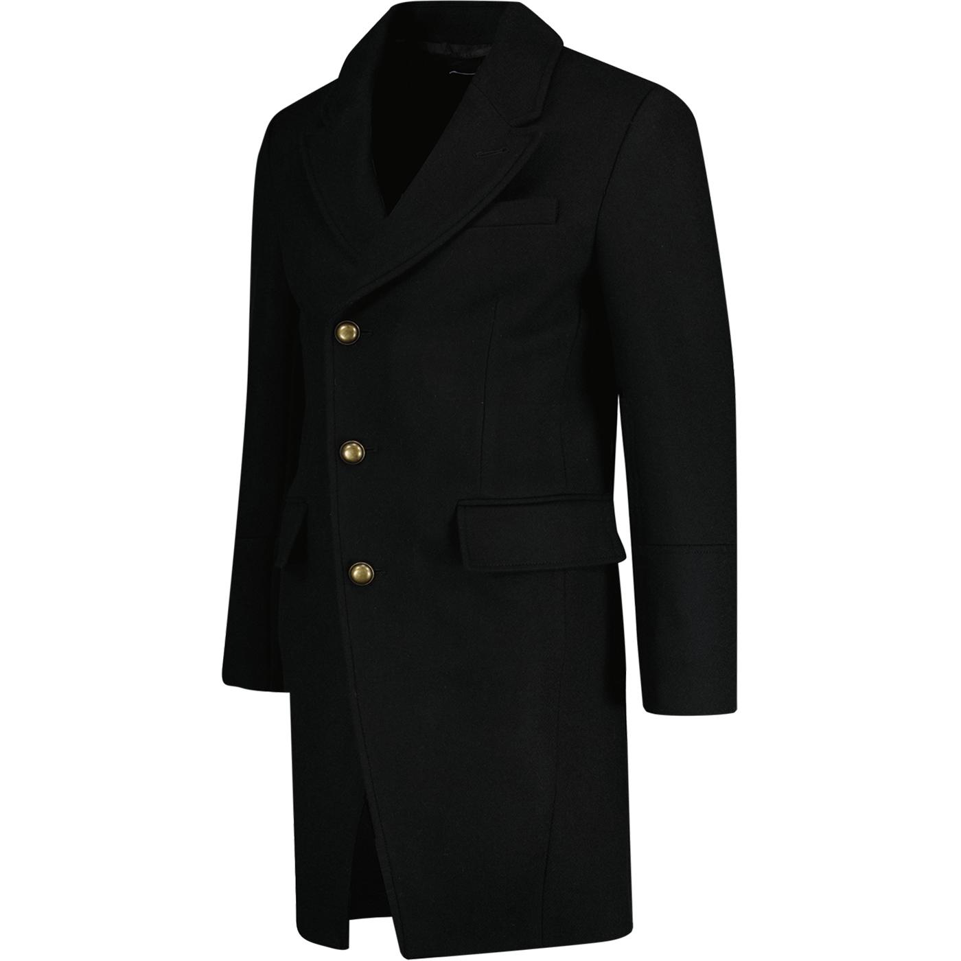 Ramone Pretty Green Retro Wool Overcoat Black