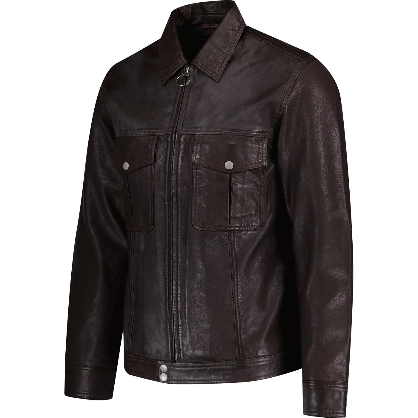 PRETTY GREEN Ramone Retro Mod Leather Jacket in Burgundy