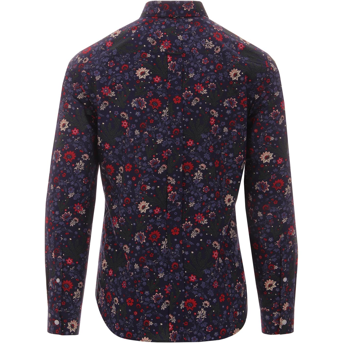 PRETTY GREEN Retro 60s Mod Floral Print Shirt in Navy