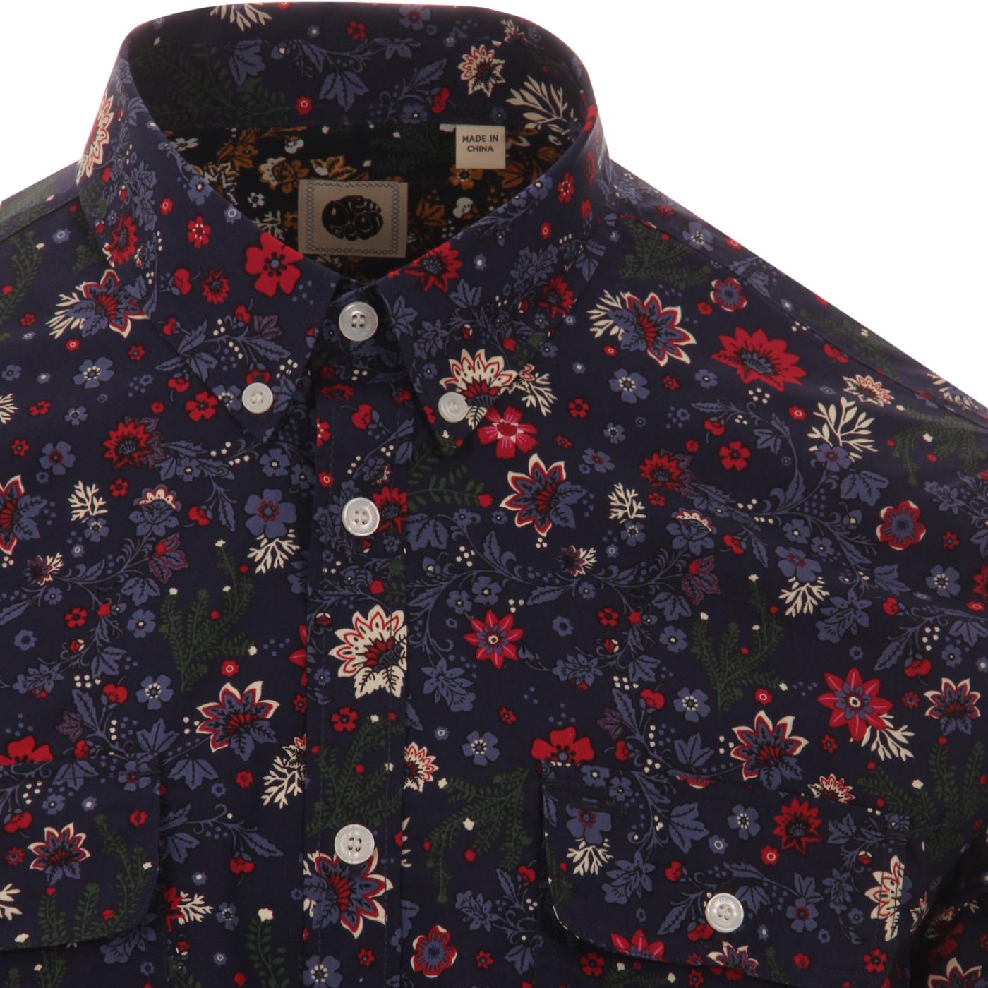 PRETTY GREEN Retro 60s Mod Floral Print Shirt in Navy