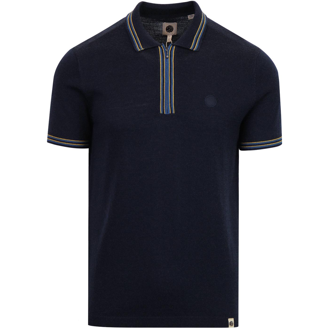 PRETTY GREEN Mod Zip Neck Tipped Knitted Polo in Navy