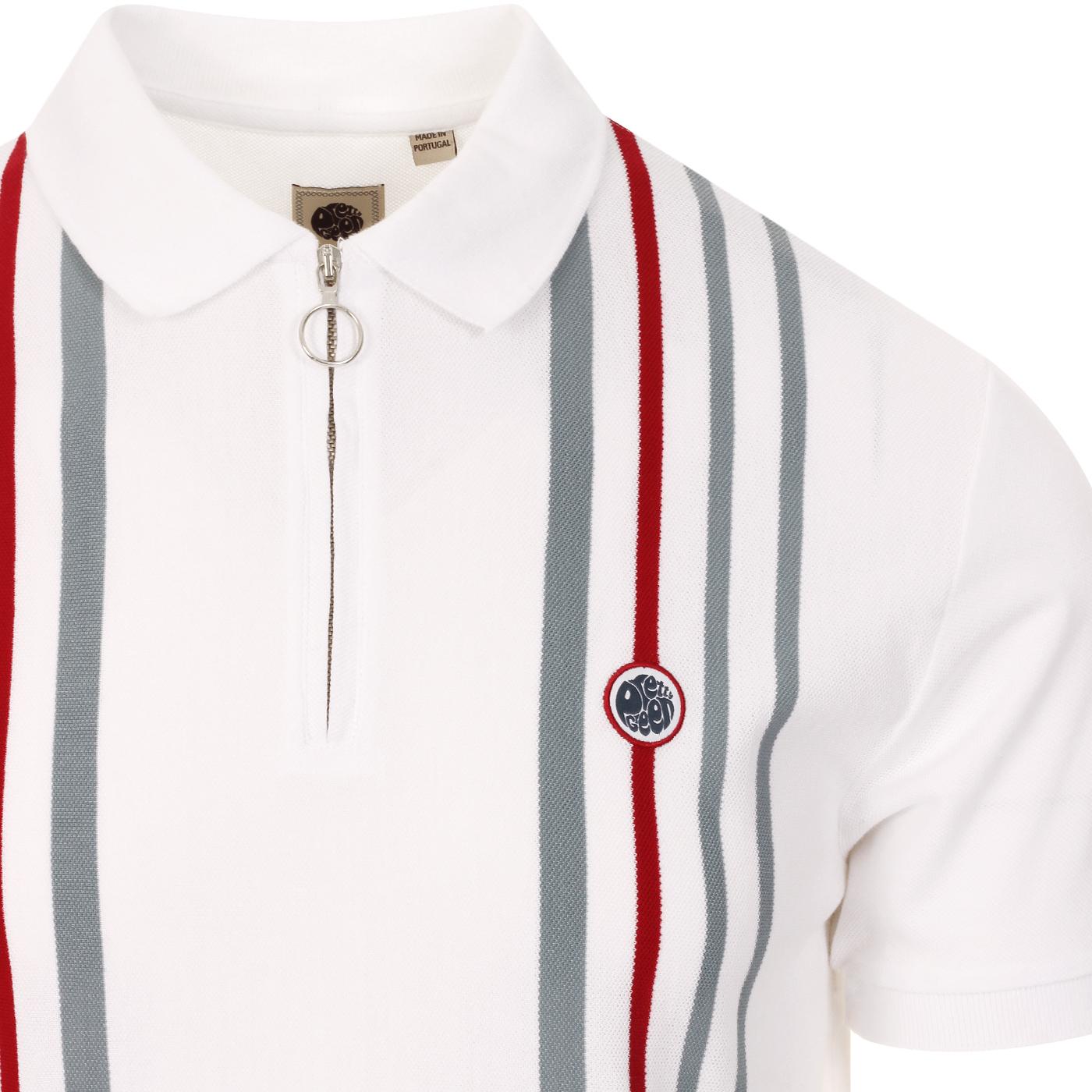 PRETTY GREEN Mod Engineered Stripe Zip Polo Top in White