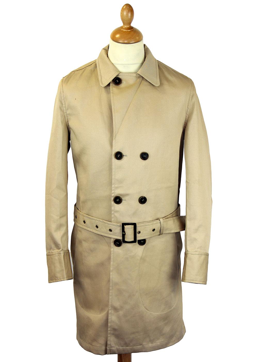 REALM & EMPIRE Retro 60s Mod Belted Officer Trench Coat in Beige