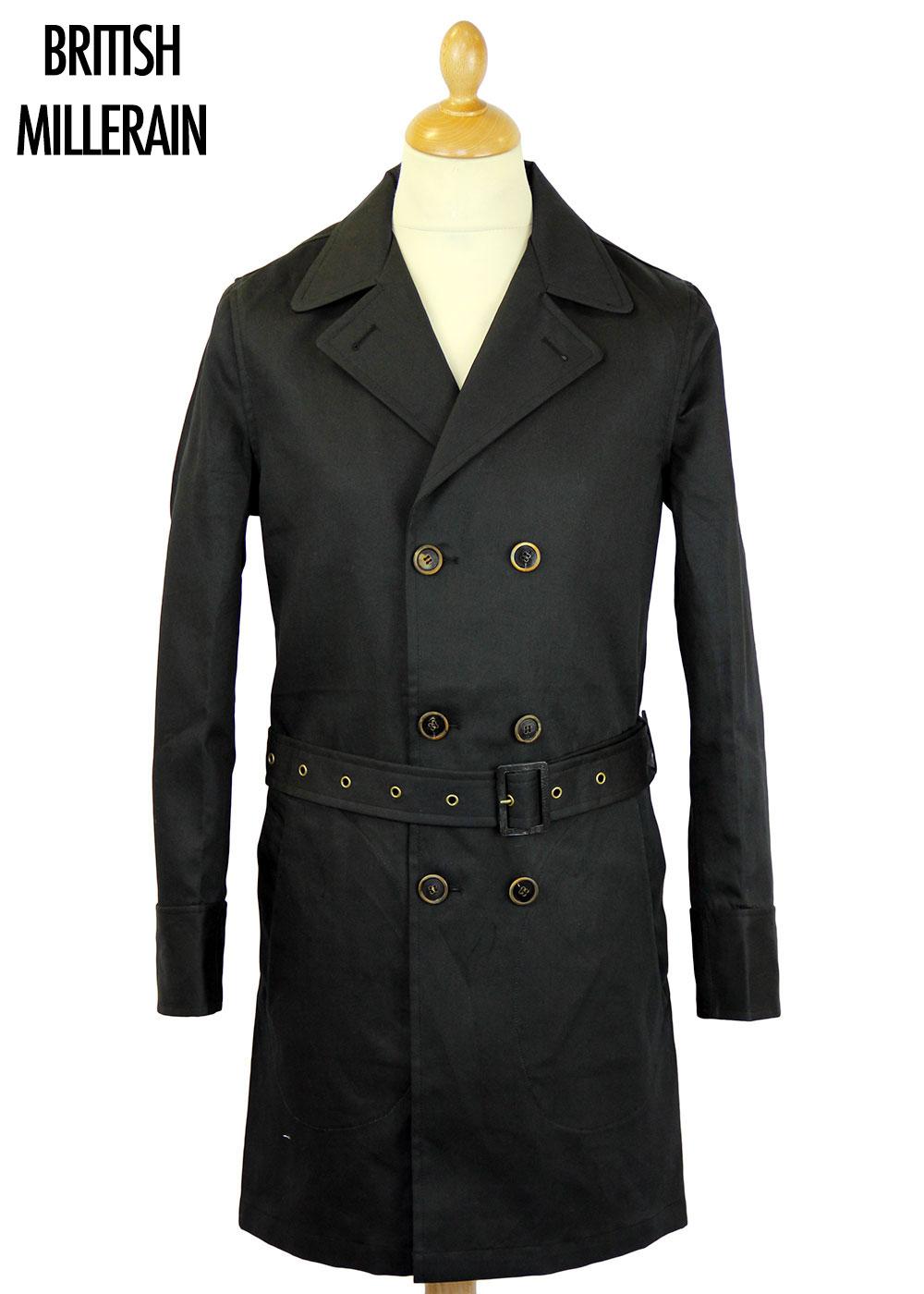 REALM & EMPIRE Retro 60s Mod Belted Officer Trench Coat in Black