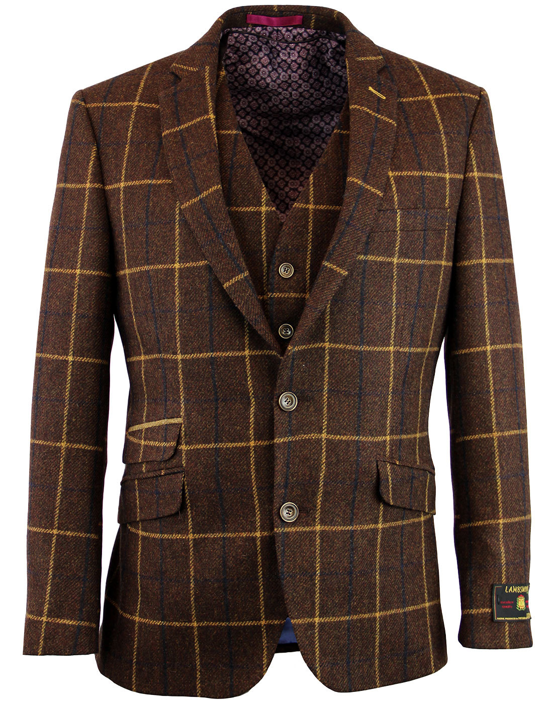 Men's Retro 70s Windowpane Check Blazer and Waistcoat - Brown