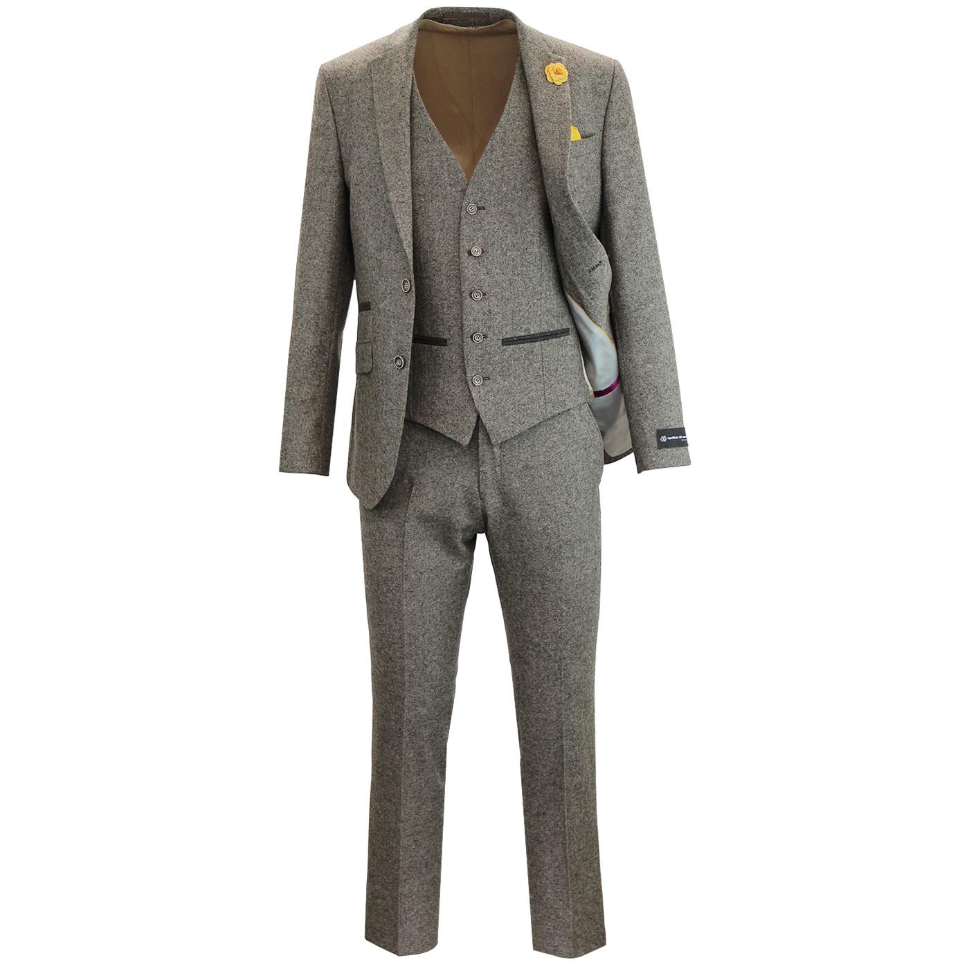 Mens Retro 60s Mod 3 Piece Donegal Suit in Taupe 1960s Mens Suits
