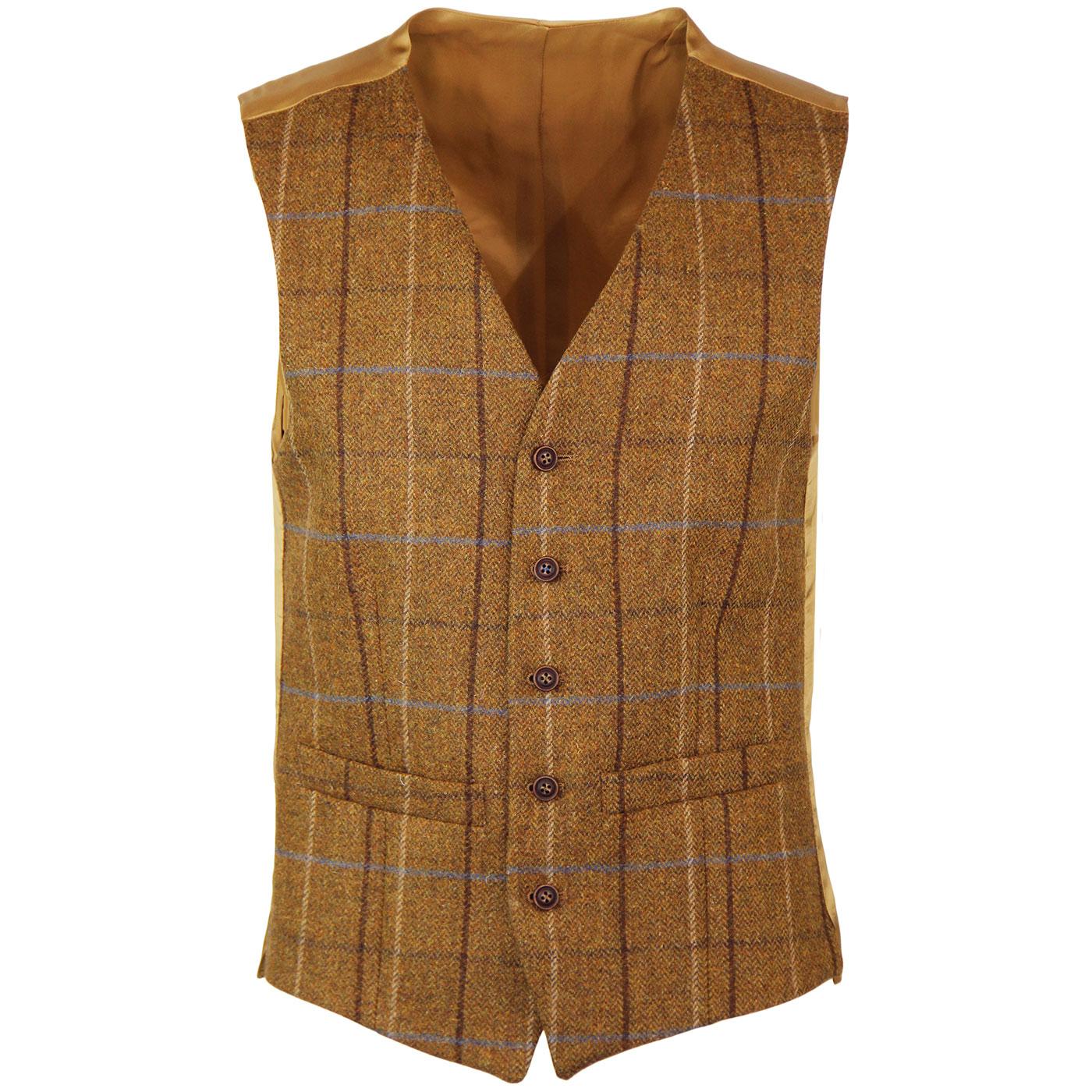 Men's 1960s Mod Tailored Four Colour Check Waistcoat in Gold