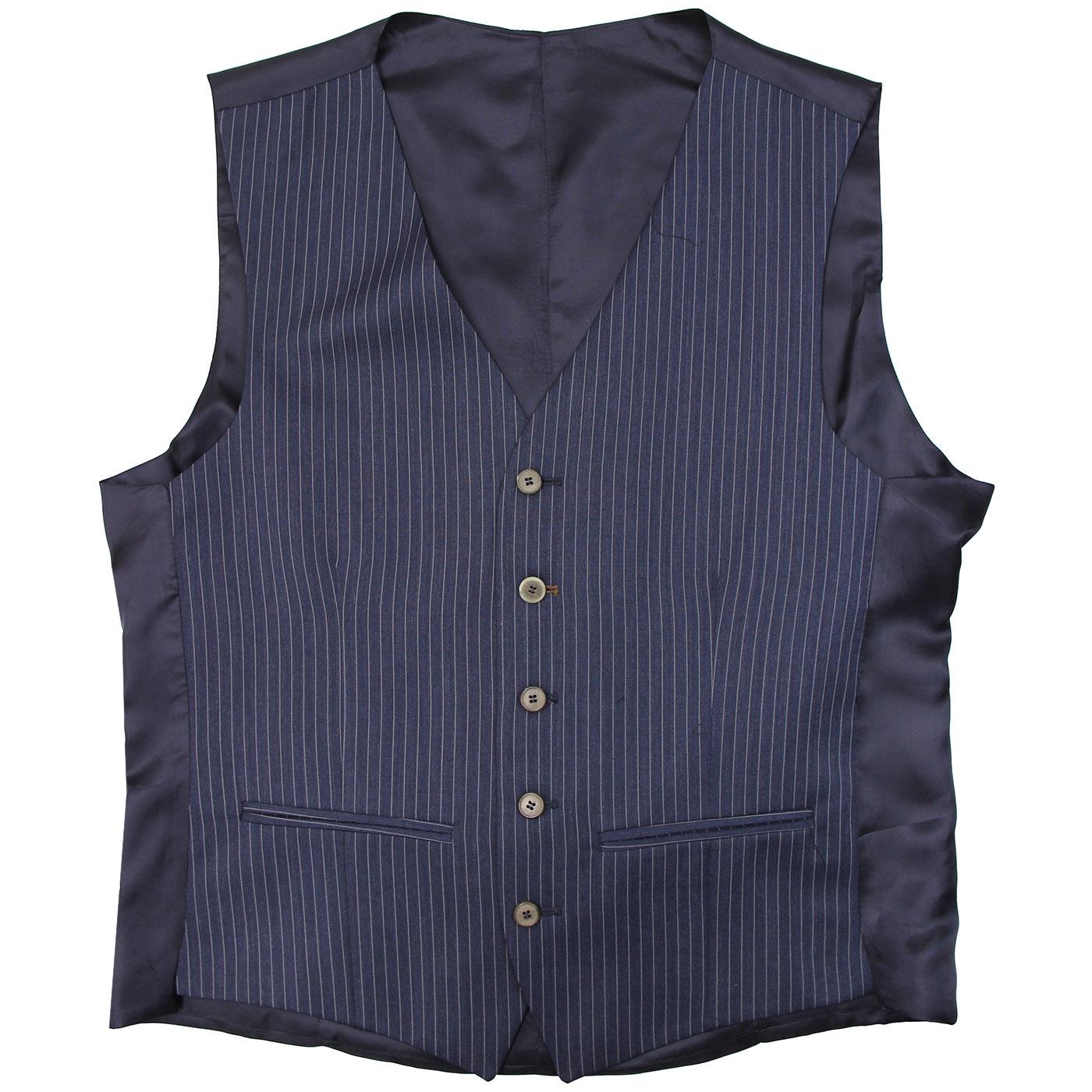 Men's 1960s Mod Tailored Pinstripe V-neck Waistcoat in Navy