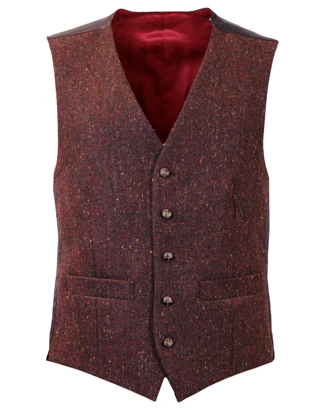 Retro 60s Mod V-Neck Tailored 5 Button Donegal Waistcoat Burgundy