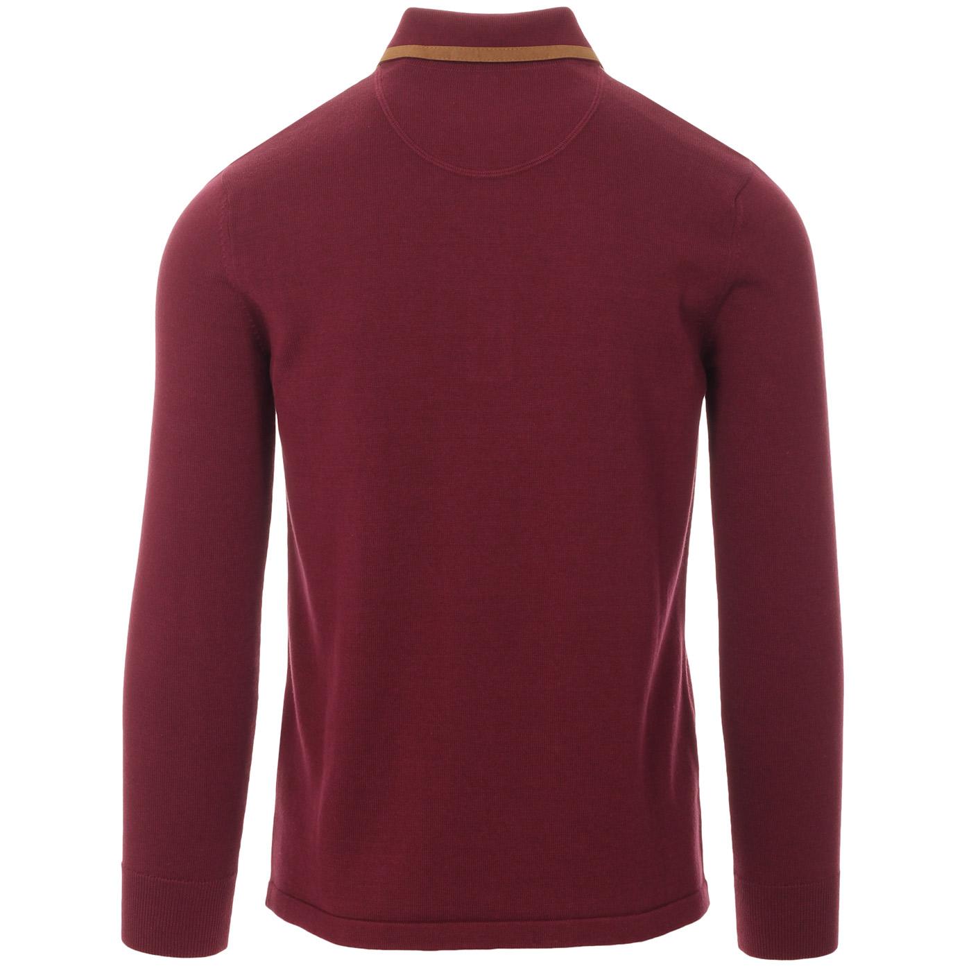 SKA & SOUL Retro Mod Suede Trim Panel Knit Polo Shirt in Port