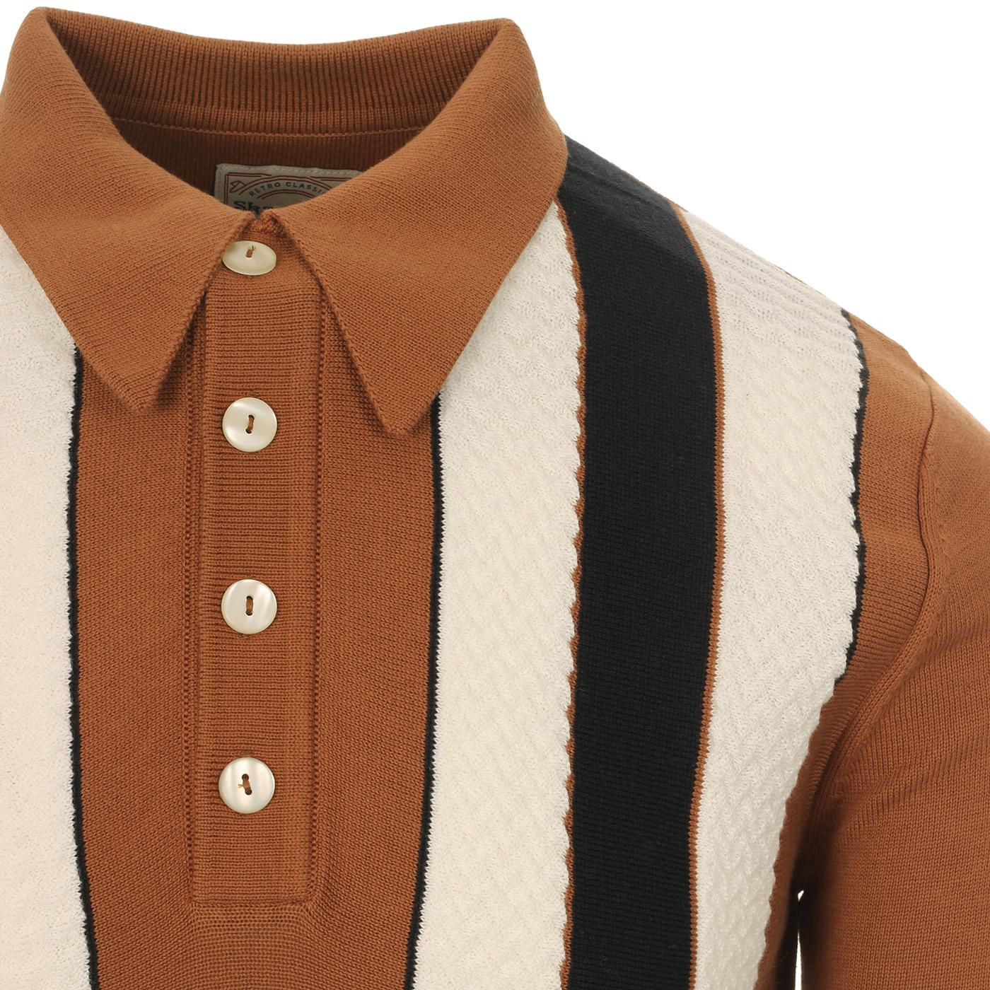 SKA & SOUL 60s Mod Texture Stripe LS Knit Polo Top in Ginger