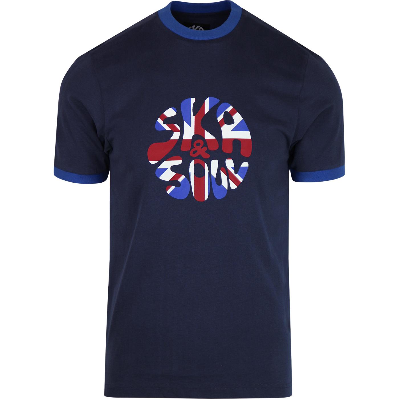 SKA & SOUL Retro Mod Union Jack Logo Ringer T-shirt Navy