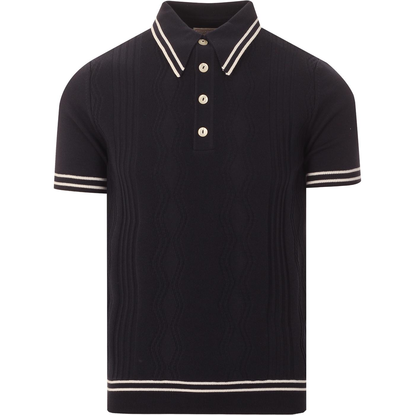 SKA & SOUL 60s Mod Bold Tipped Cable Knit Polo in Navy