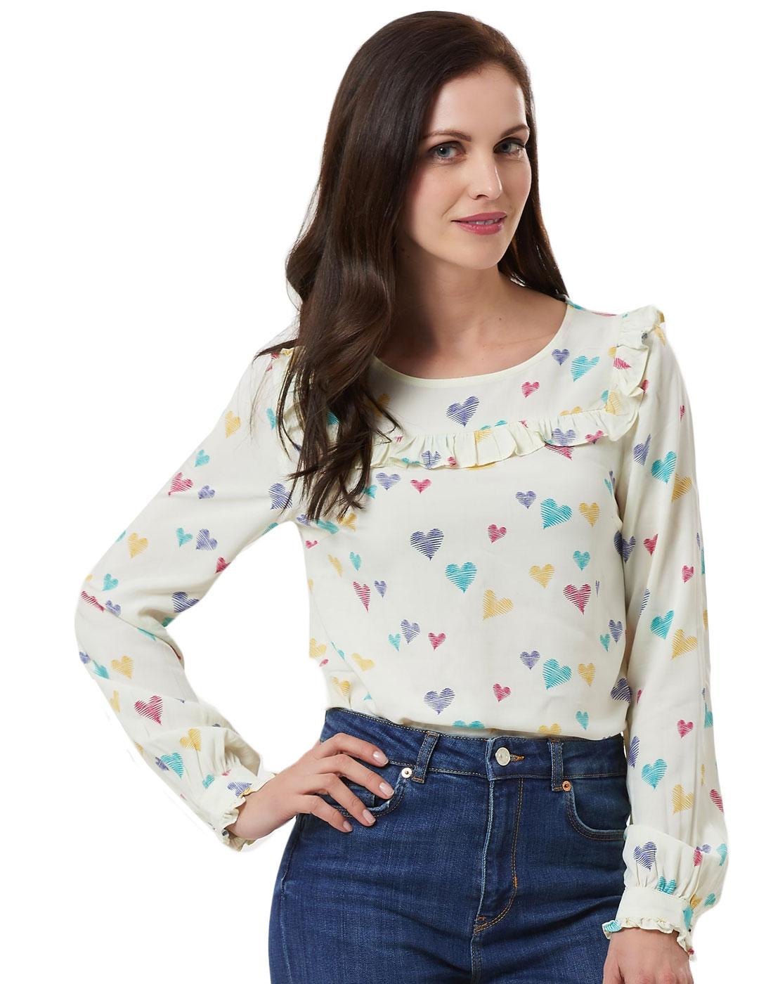SUGARHILL BOUTIQUE Jessie Retro Scribble Hearts Frill Top Cream
