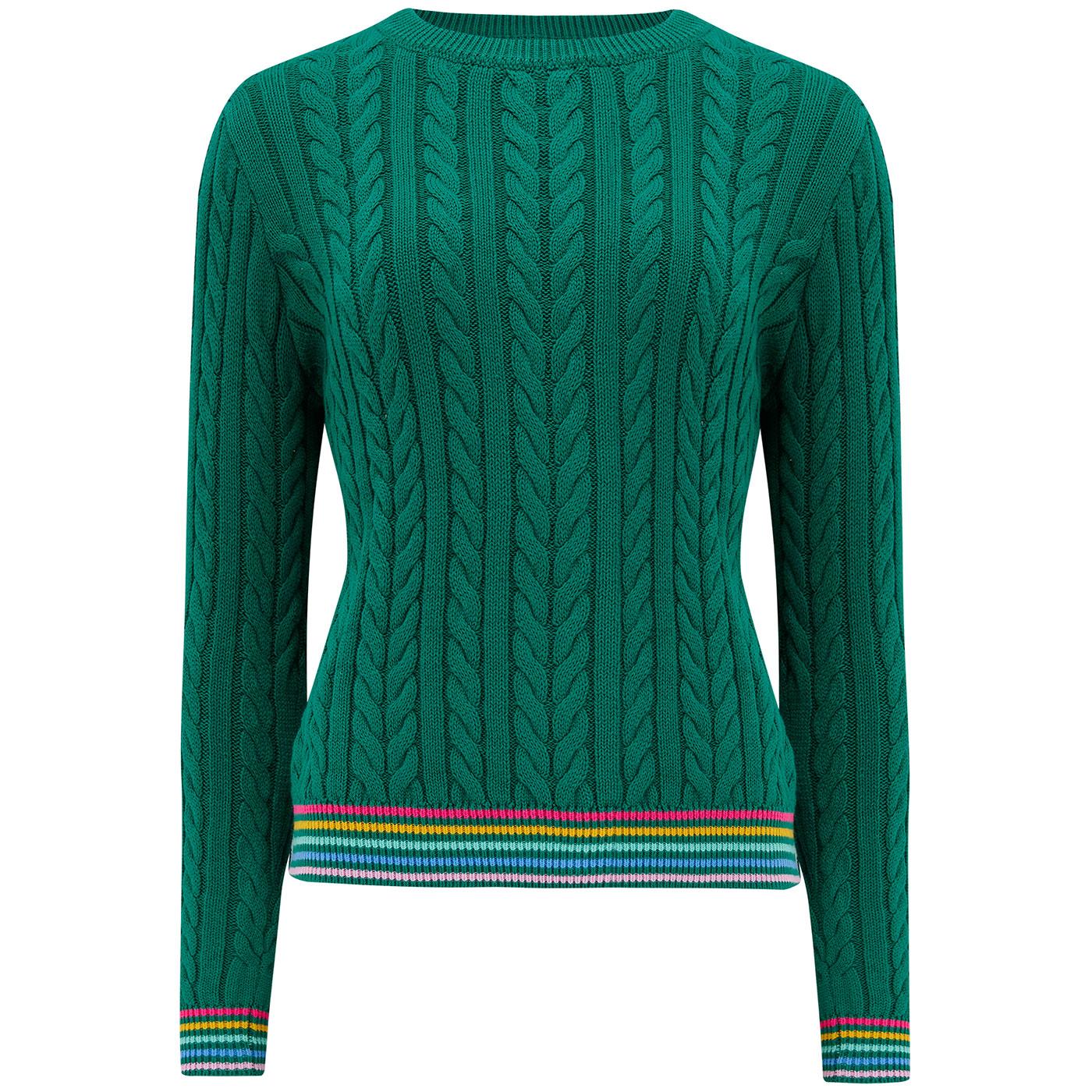 Sugarhill Brighton Barbara retro tipped Cable Knit Jumper Green