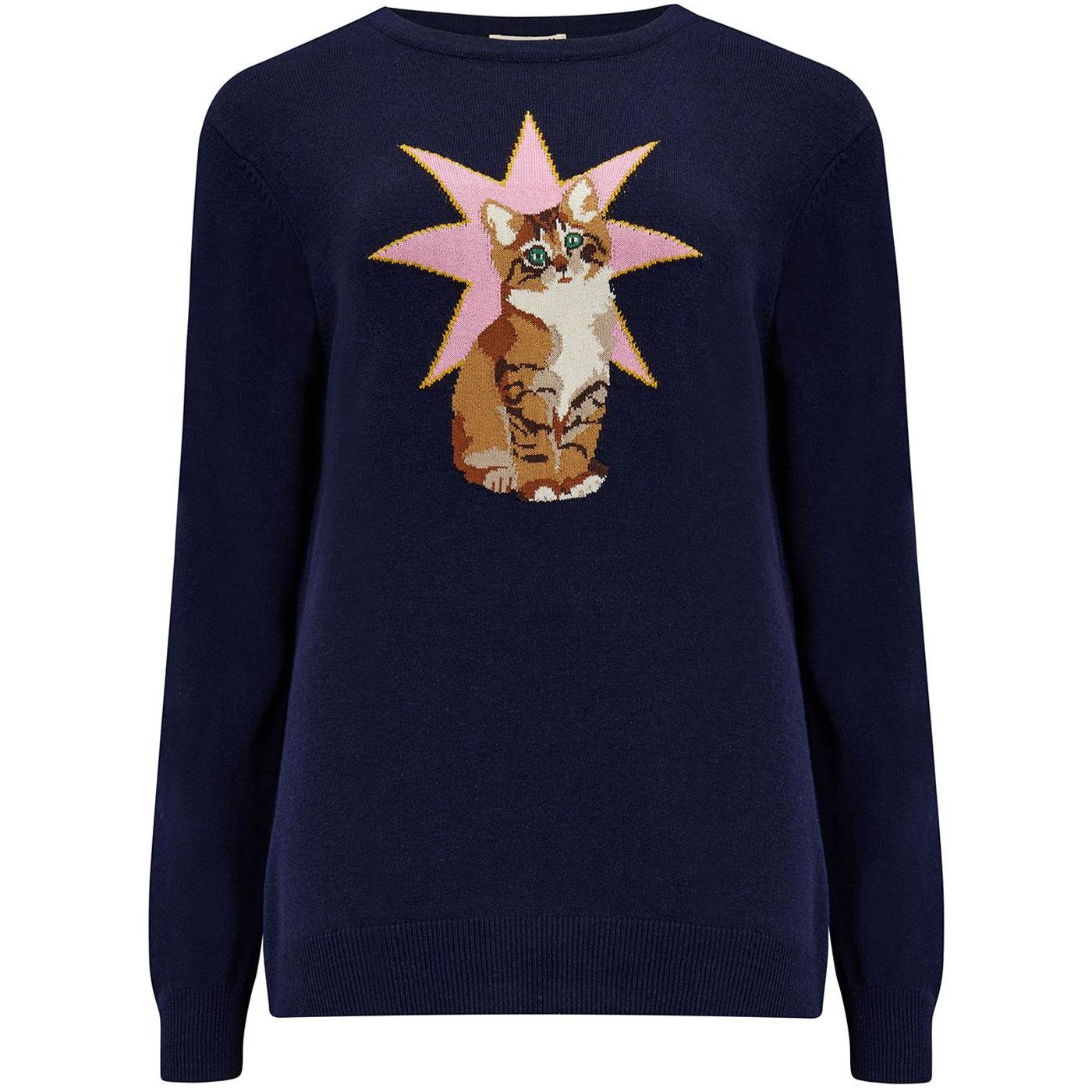 Sugarhill Brighton Rita Retro 80s Intarsia Star Cat Jumper Navy