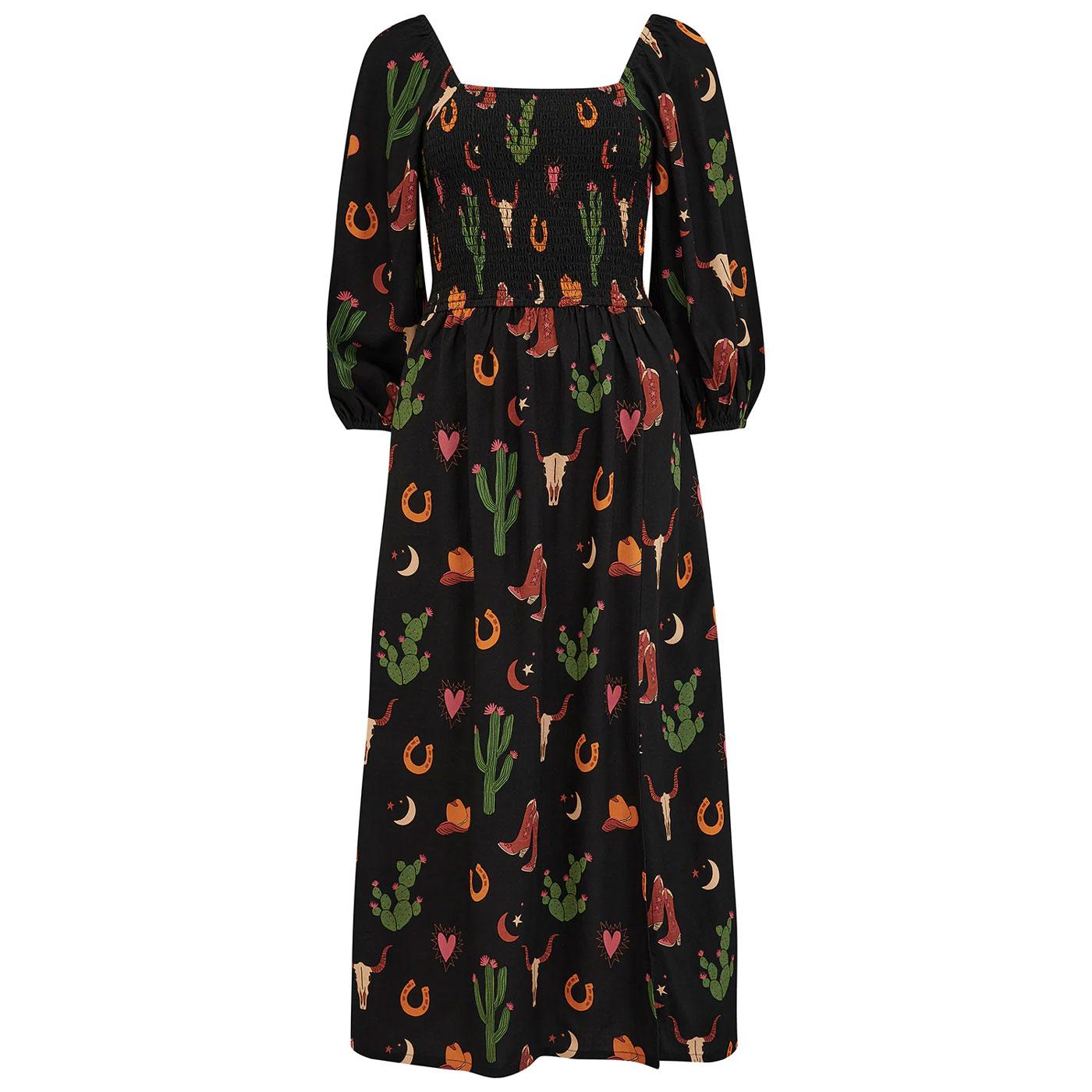 Zinnia Sugarhill Cowgirl Print Shirred Midi Dress