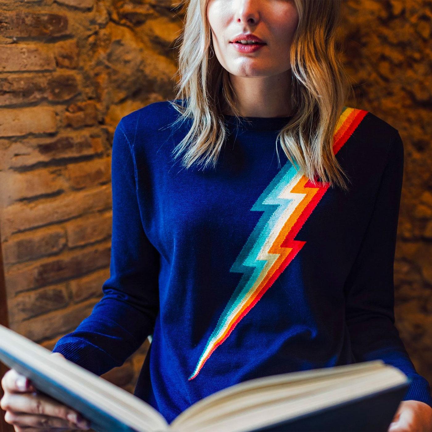 SUGARHILL Rita Retro 70s Rainbow Lightning Flash Jumper