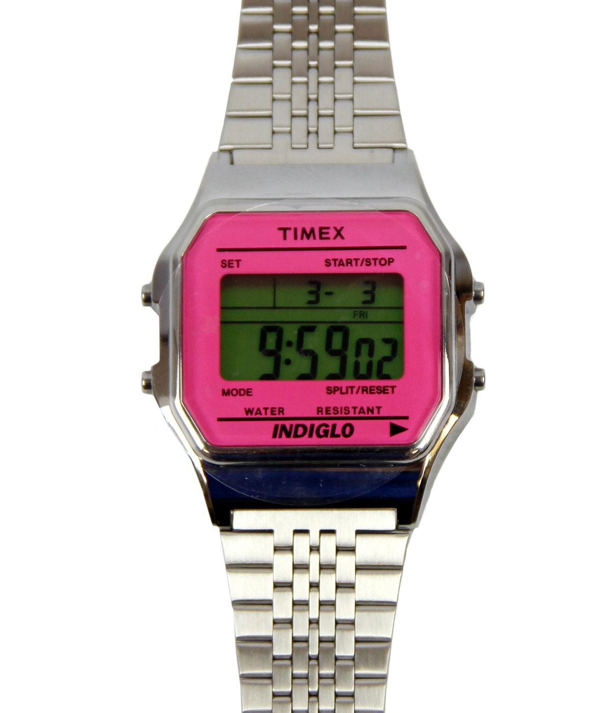 TIMEX 80 Retro 1980s Silvertone Watch w/Pink Lens 